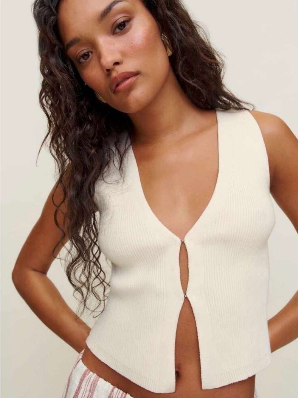 Reformation White Ribbed V-Neck Button Tank - Picture 2 of 2